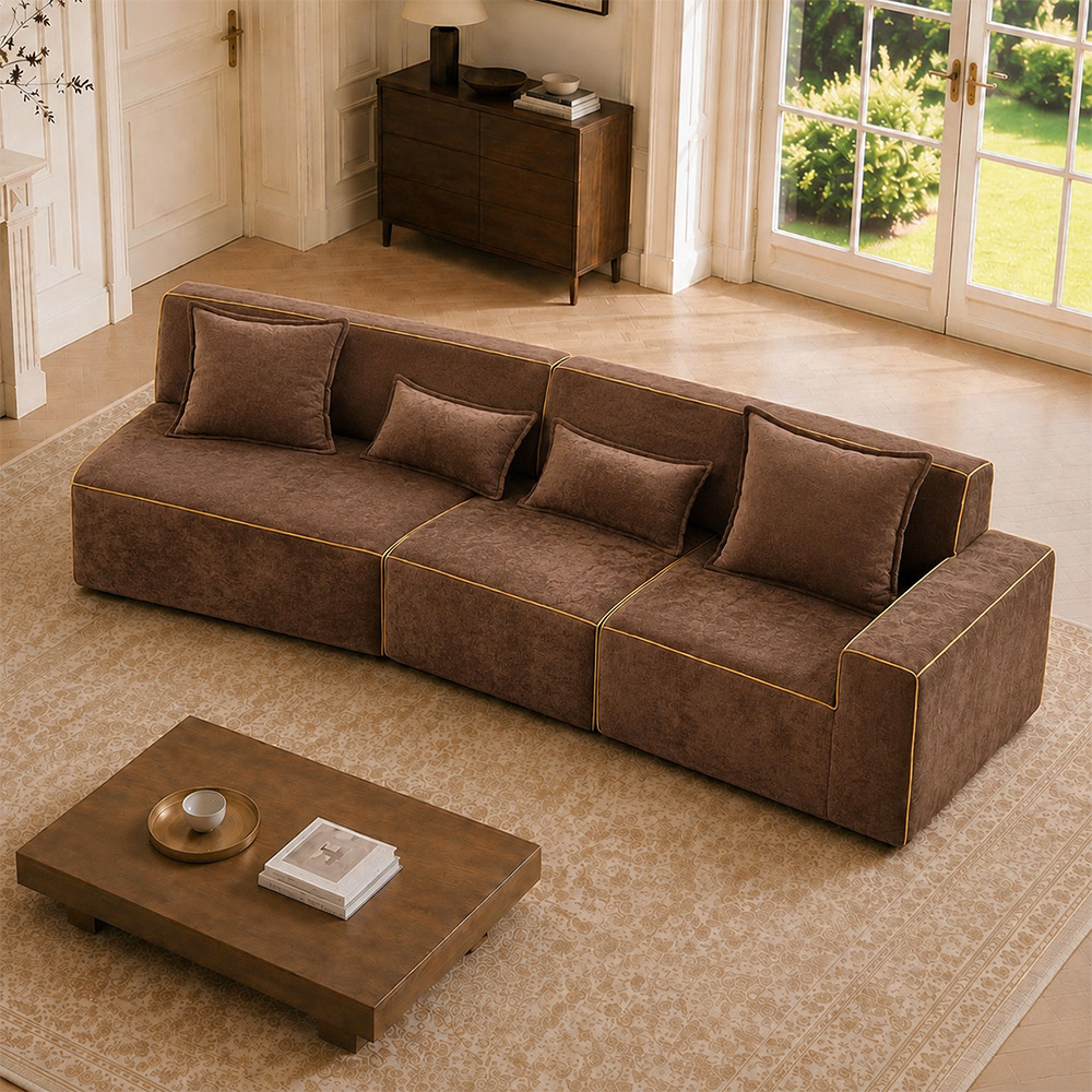 Dark Brown Embossed Velvet Golden Piping Modular Compressed Sofa
