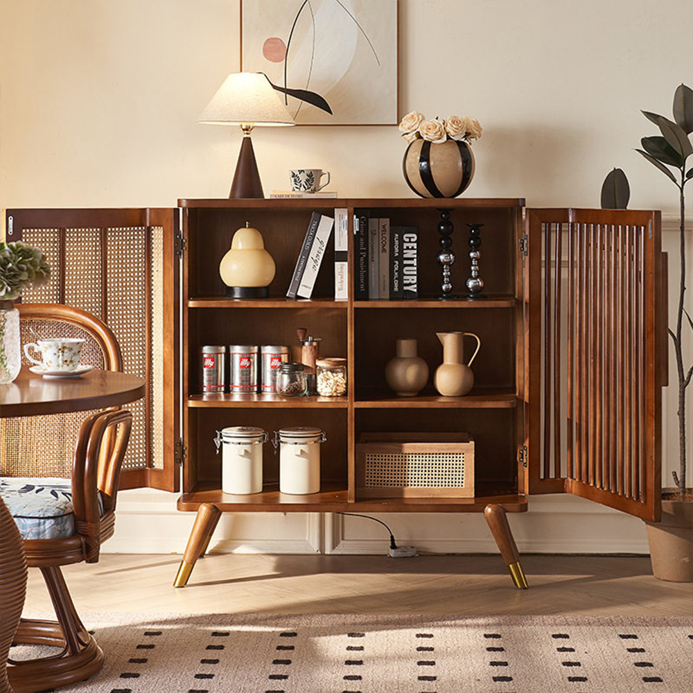 Wood Rattan Slatted Door Adjustable Storage Accent Cabinet