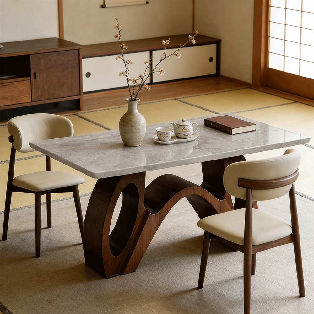 Modern Sintered Stone Dining Table Luxury Kitchen Table with Sculptural Walnut Wood Base for 4-6