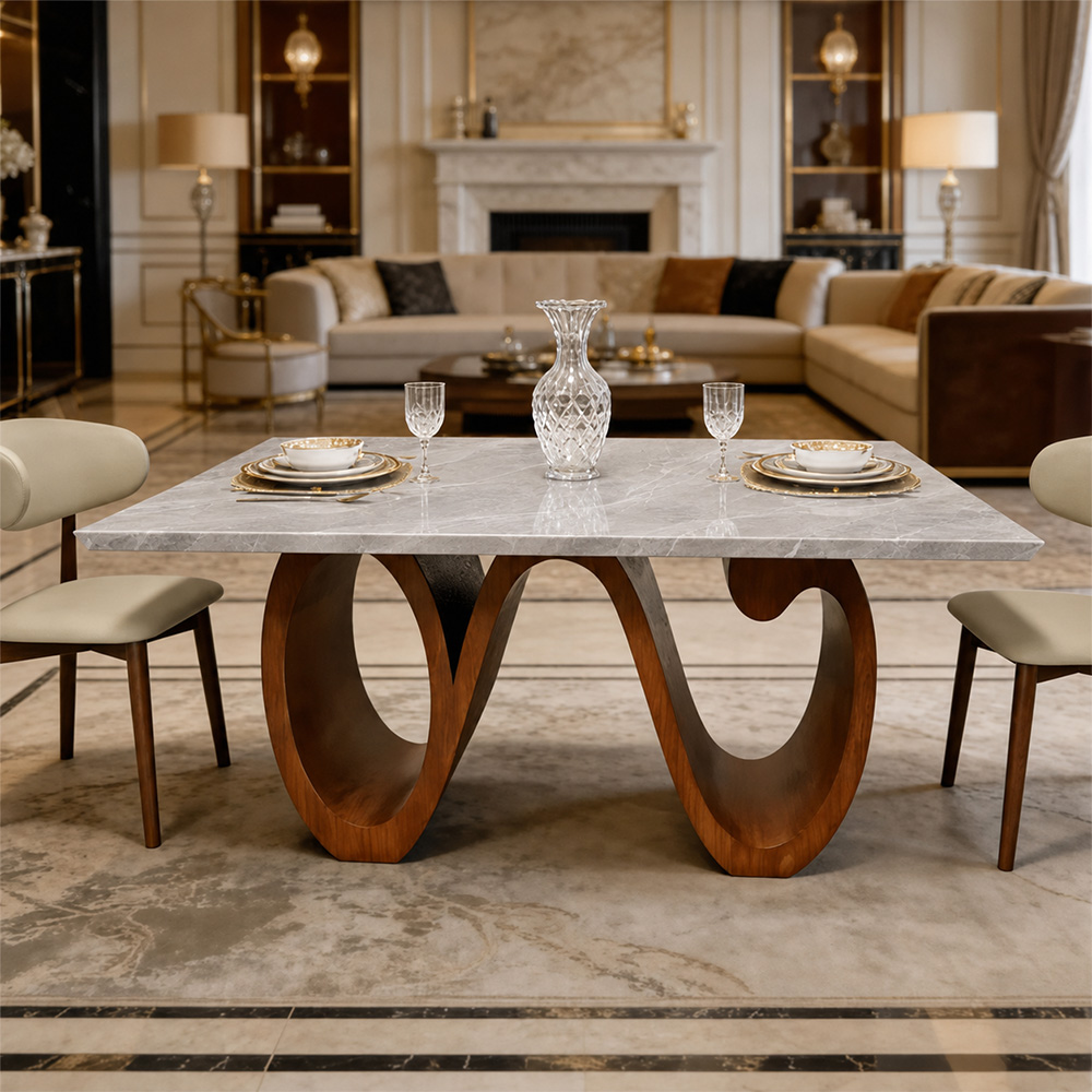 Modern Sintered Stone Dining Table with Sculptural Solid Wood Base Kitchen Table for 6