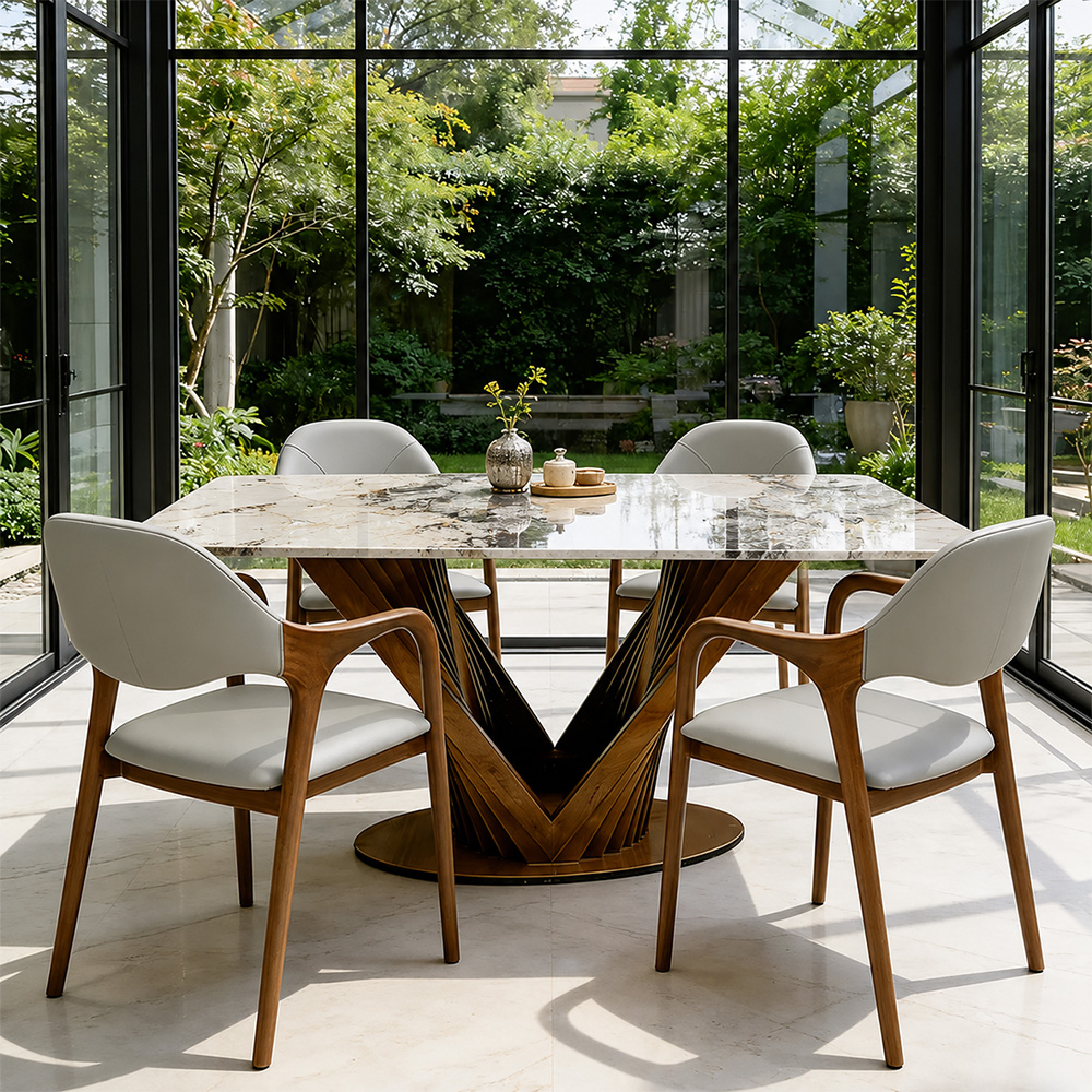 Luxury Sintered Stone Dining Table Kitchen Table With Artistic V-Shaped Solid Wood Base