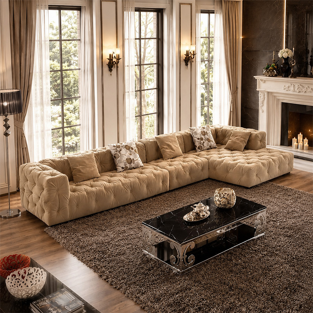 155.9" Two Tone Tufted Velvet Modular L Shape Sectional Sofa With Chaise For Luxury Villa