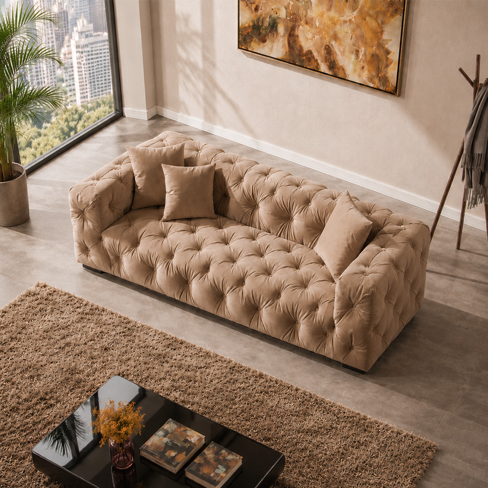 All Tufted Boxy Velvet Sofa Suite Three Seat Couch Two Single Chairs For Living Space