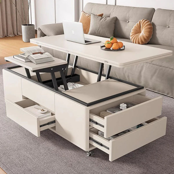 Lift-top coffee table with wheels featuring adjustable tabletop height, built-in drawers, and hidden storage compartments, styled as a multifunctional work and dining surface in a modern living room.