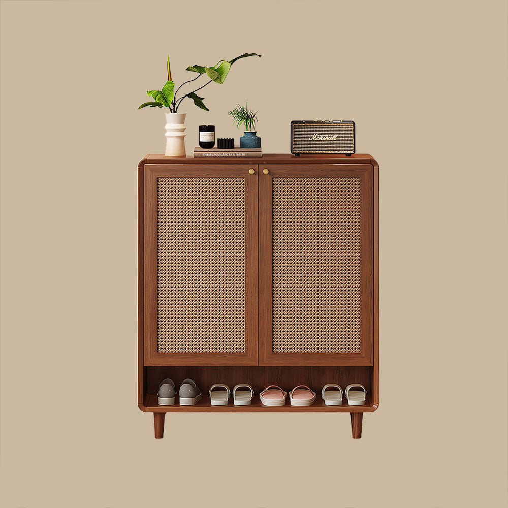 Mid-Century Rattan Shoe Cabinet with 2 Doors Walnut Wood Entryway Storage Organizer with Open Shelf