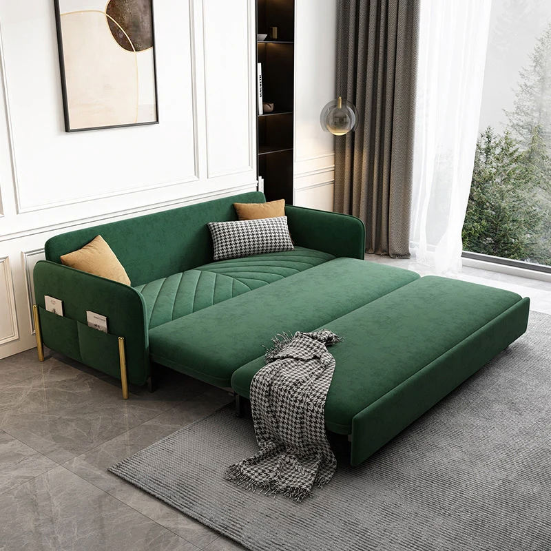 green stylish velvet sofa bed displayed in modern home interior décor setting