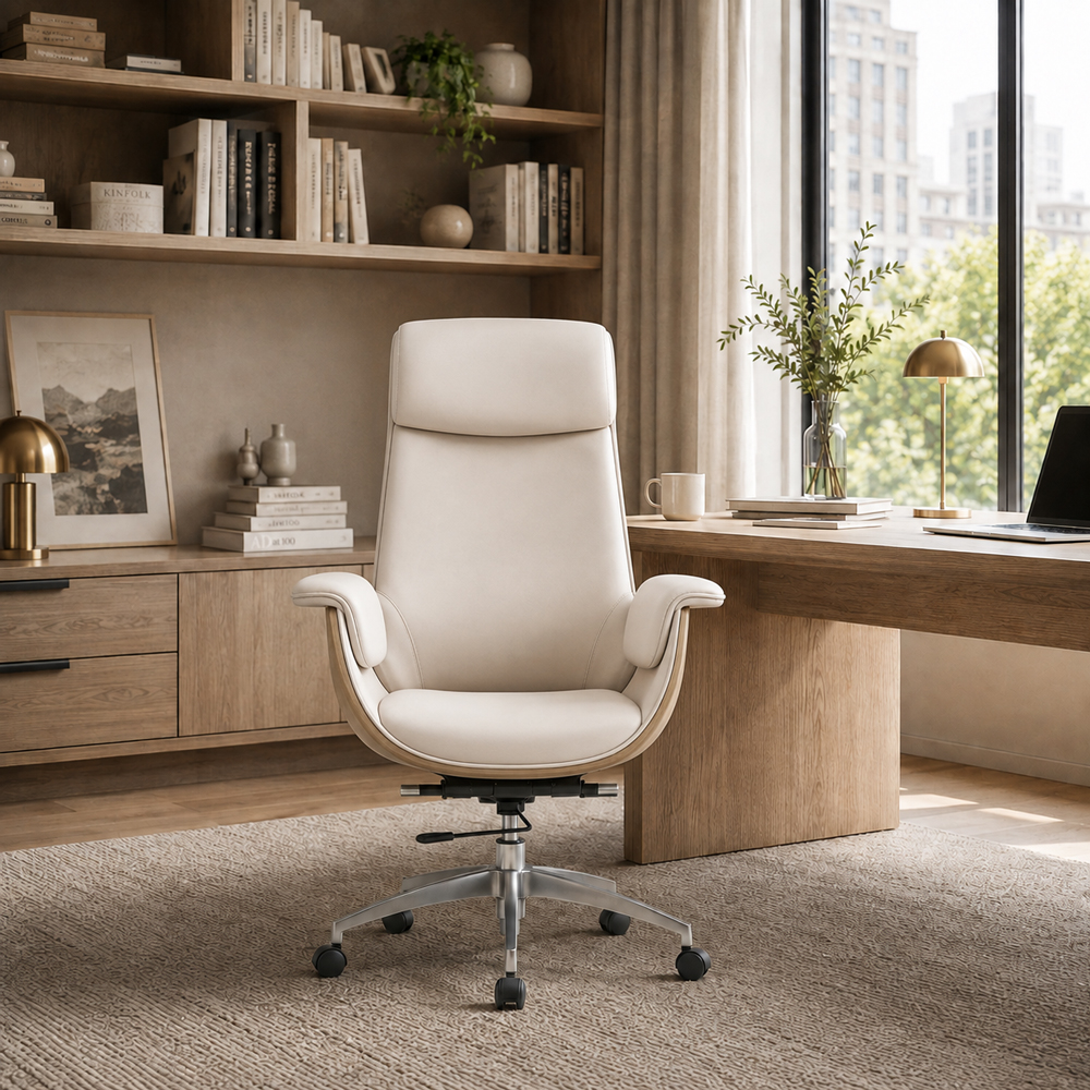 Cream PU Leather Executive Office Chair with Aluminum Base