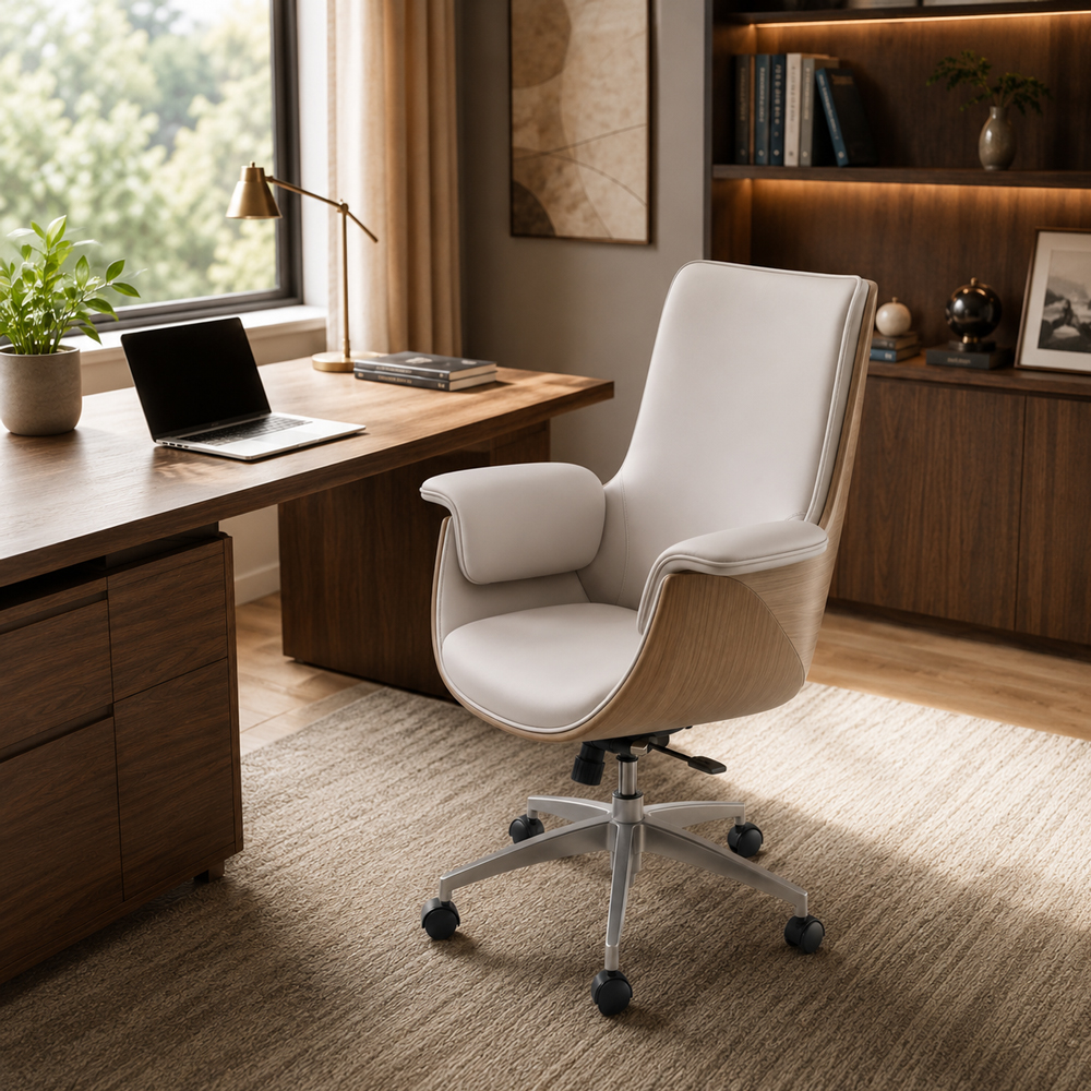 Cream PU Leather Office Chair with Dual-Function Tilt Mechanism