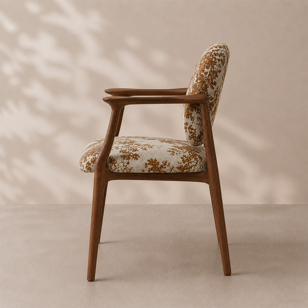 Tree Print Fabric Curved Solid Walnut Arm Mid Century Dining Chair 1 Piece