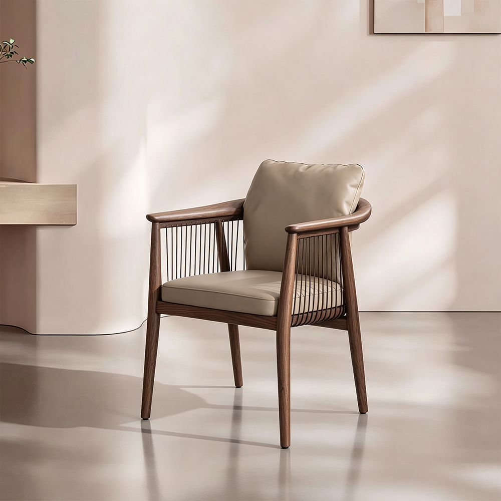 Modern Black Wooden Dining Chair with Armrests Minimalist Striped Upholstered Dining Armchair 1 Piece