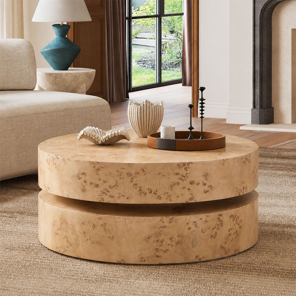 Two Tier Round Natural Burl Wood Veneer Multi Layer Coffee Table