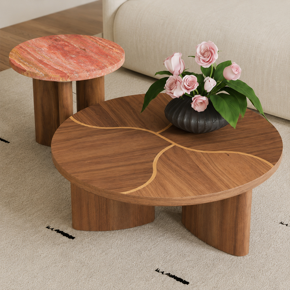 Nesting Round Coffee Table Set Walnut Veneer Red with Travertine Side Table