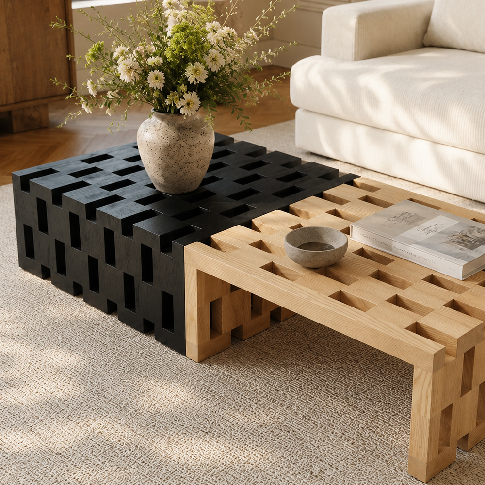 Two Tone Matte Paint Solid Ash Wood Grid Hollow Rectangular Coffee Table