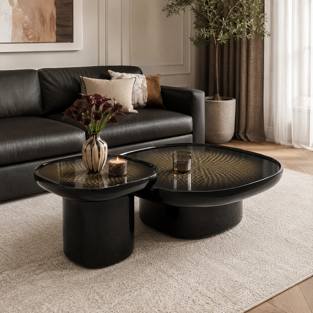 Contemporary Light Luxury Black Gloss Resin Nesting Oval Center Tables Set