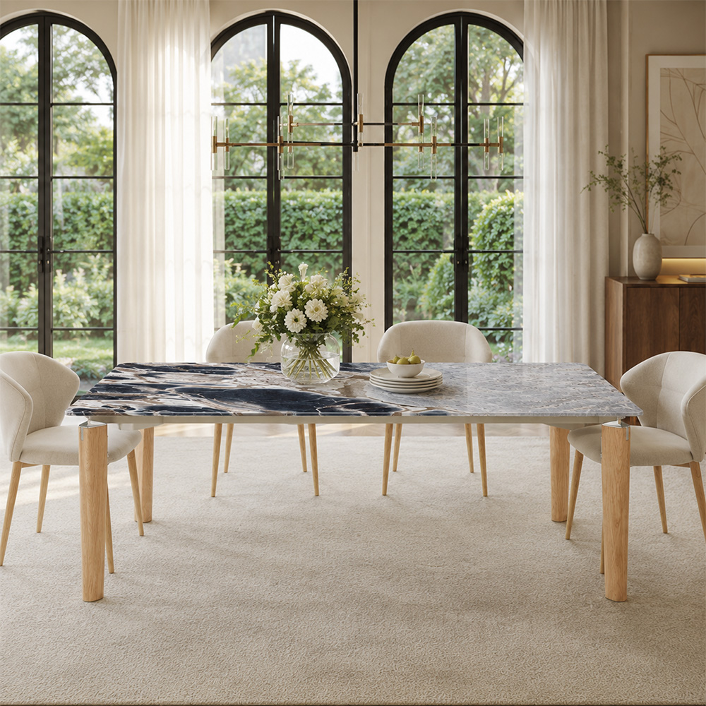 70.9" Coastal Rectangular Ocean Storm Marble Dining Table Solid Ash Wood Tapered Legs