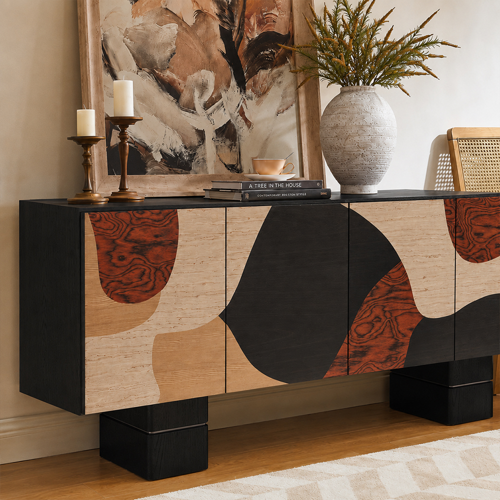 Large Capacity Four Door Abstract Inlay Elm Wood Storage Cabinet