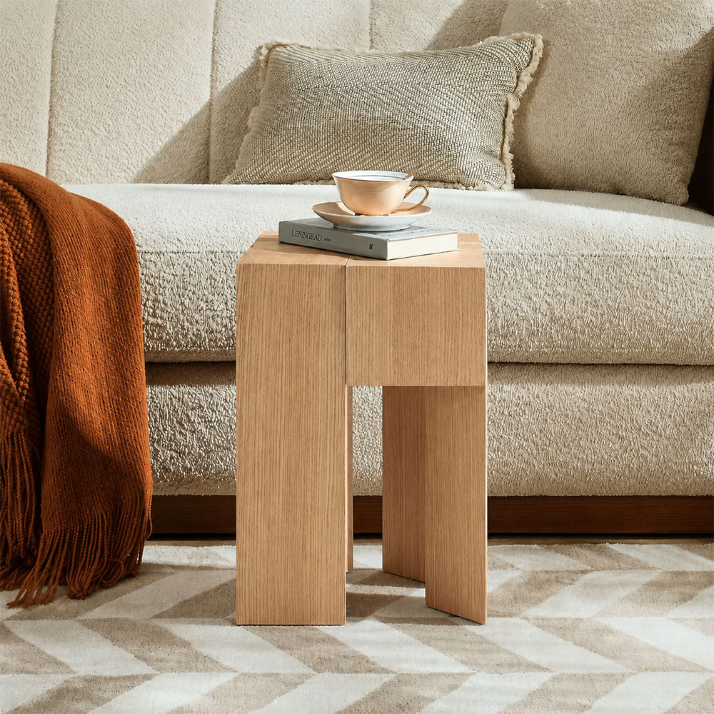 Geometric Split Block White Oak Veneer Multi Layer Wood Side Table