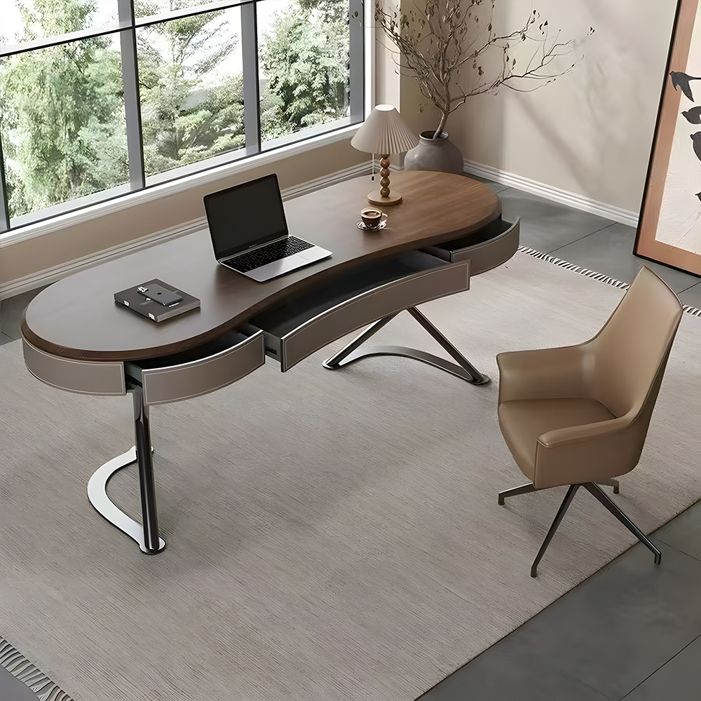 Curved Leather Trim Edge Solid Wood Stainless Steel Office Desk