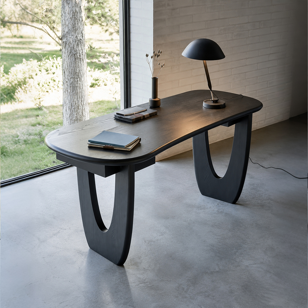 Sculptural U Hollow Leg Natural Grain Solid Wood Curved Writing Desk