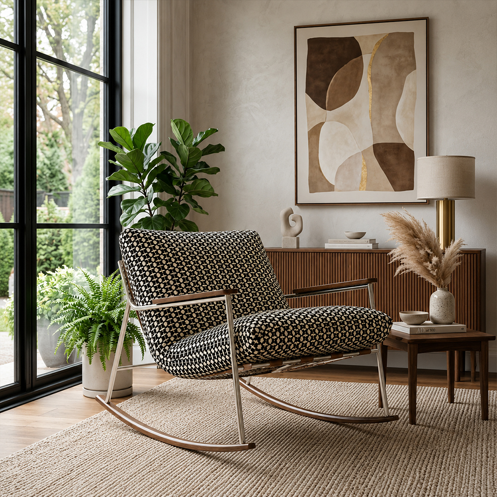 Geometric Woven Fabric Stainless Steel Wood Arm Rocking Accent Chair