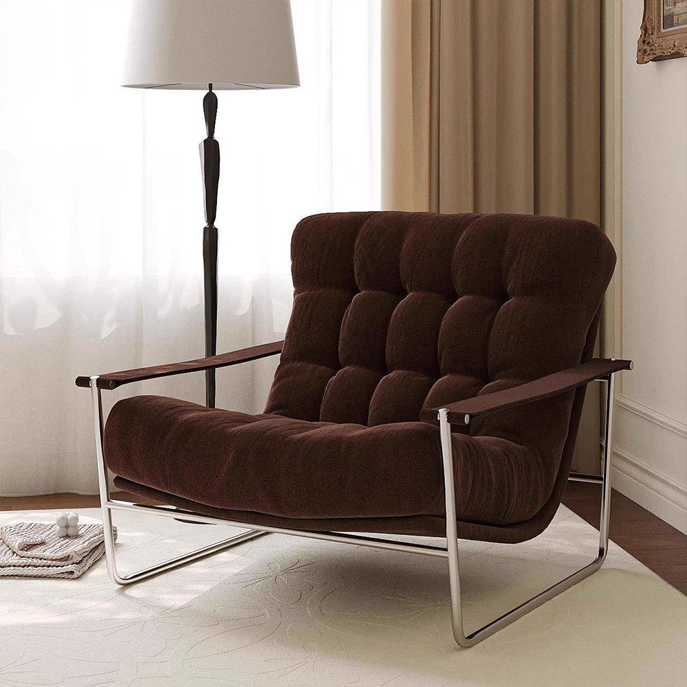 Thick Brown Corduroy Grid Tufted Chrome Cantilever Lounge Chair