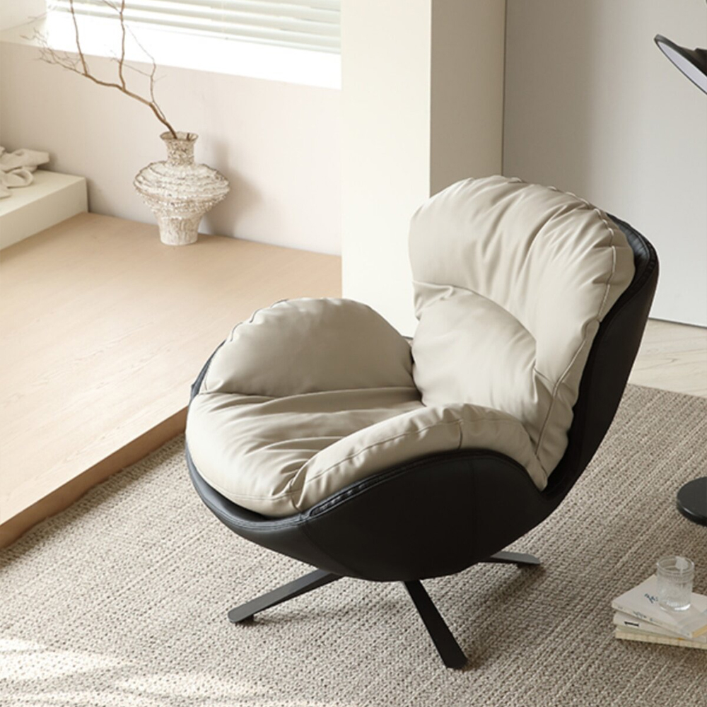 Modern Cream & Black Swivel Lounge Chair with Plush Cushioned Seat