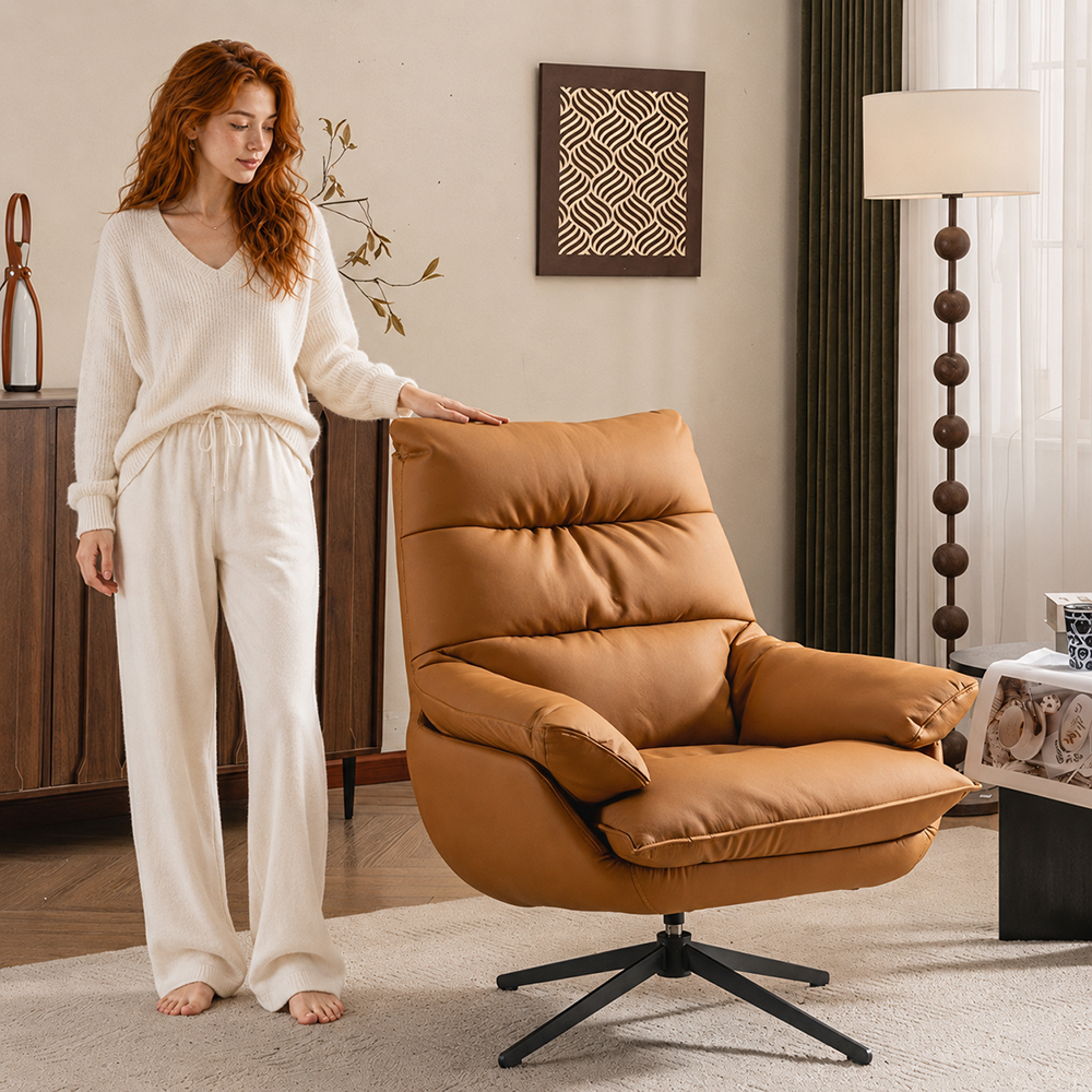 Modern Cognac Swivel Lounge Chair with High Back and Plush Cushions