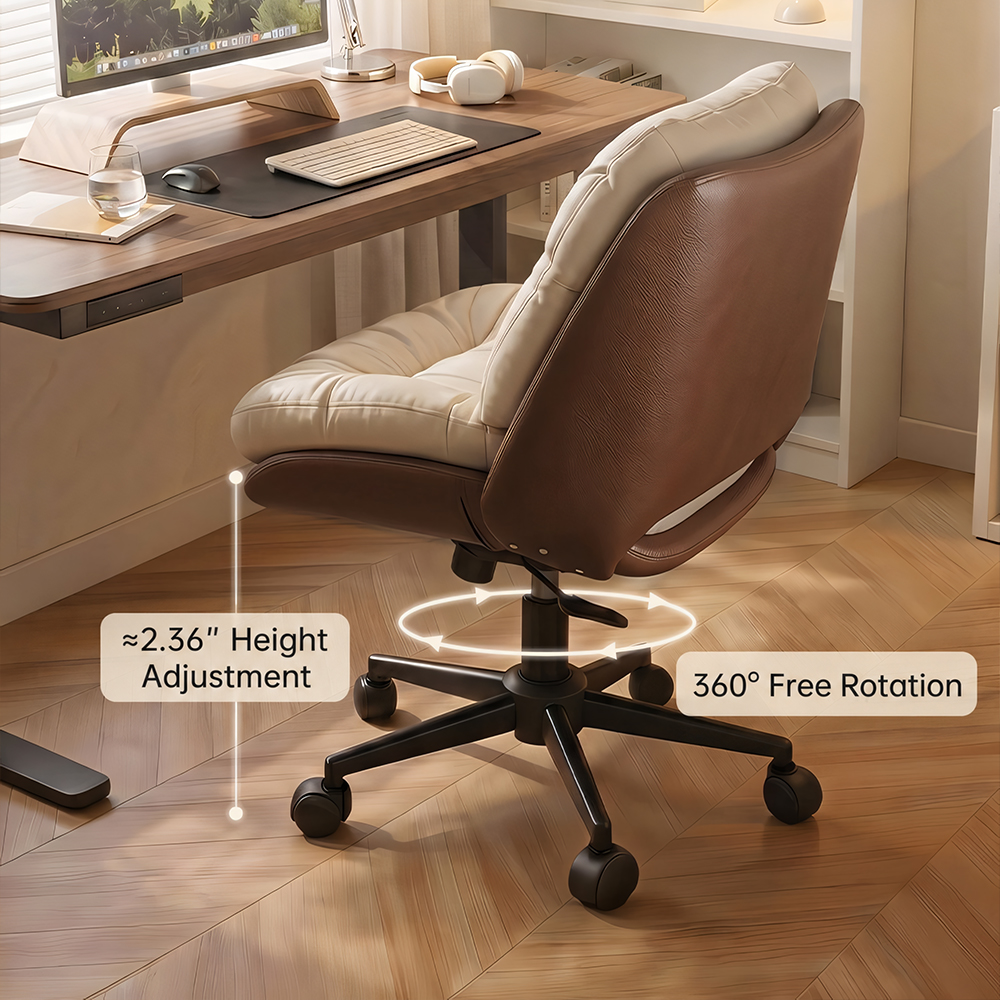 Modern Cream & Brown Tufted Swivel Office Chair with Rolling Base