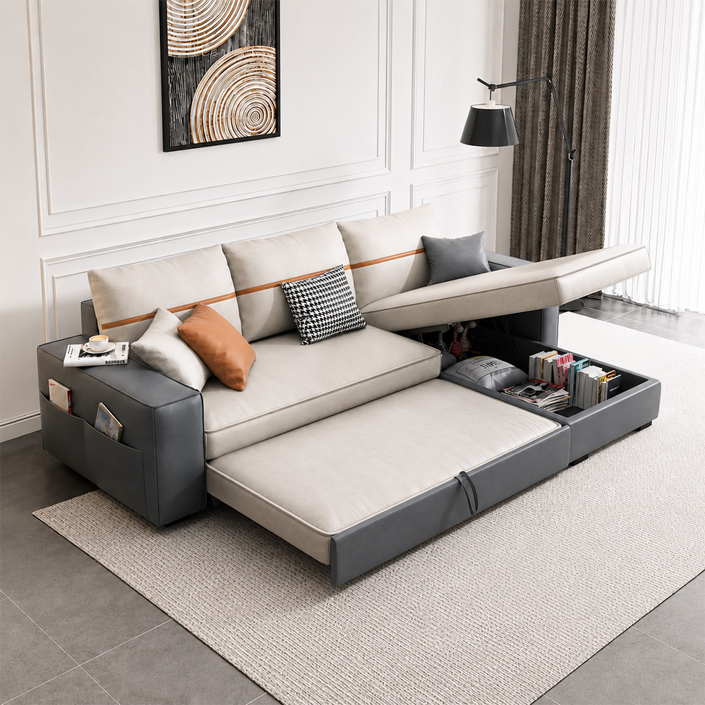 L Shaped Linen Cushion Microfiber Leather Pull Out Storage Sectional Sofa Bed