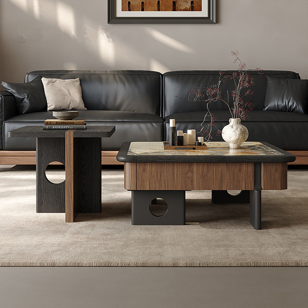 Wabi Sabi Sintered Stone Walnut Veneer Nesting Coffee Table Set