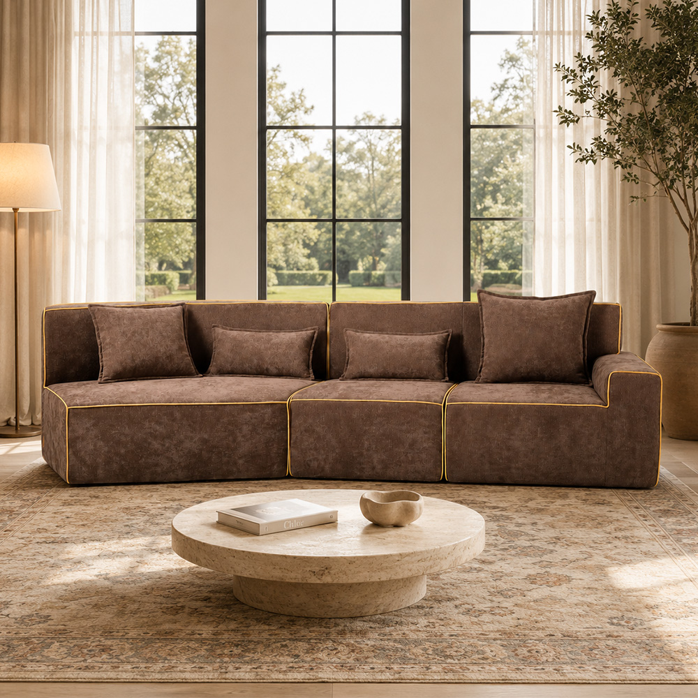 Dark Brown Embossed Velvet Golden Piping Modular Compressed Sofa