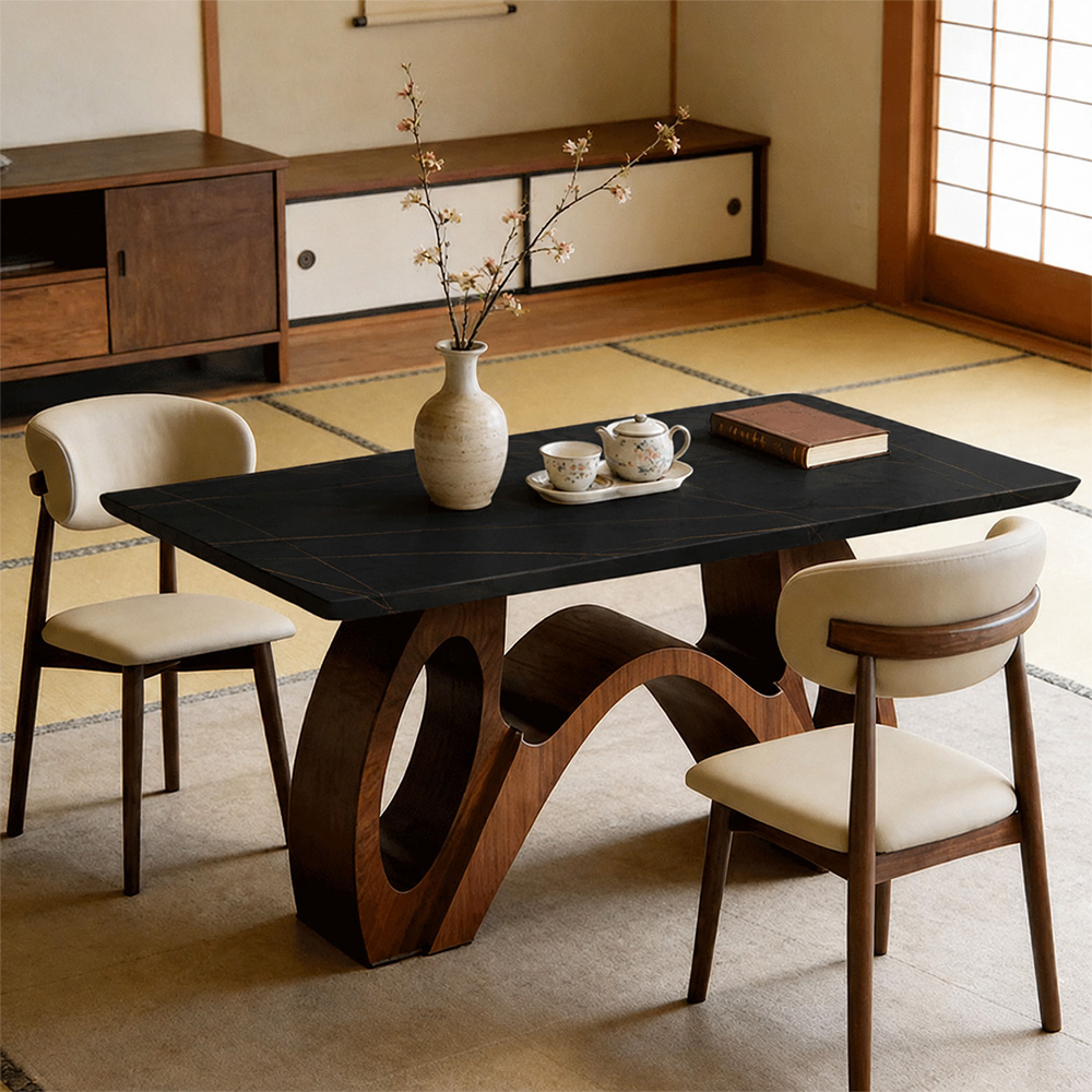 Modern Sintered Stone Dining Table Luxury Kitchen Table with Sculptural Walnut Wood Base for 4-6