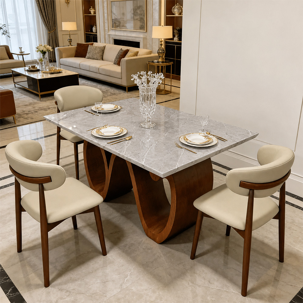 Modern Sintered Stone Dining Table with Sculptural Solid Wood Base Kitchen Table for 6