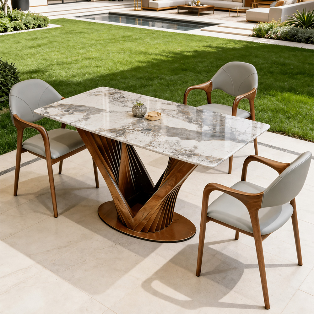 Luxury Sintered Stone Dining Table Kitchen Table With Artistic V-Shaped Solid Wood Base