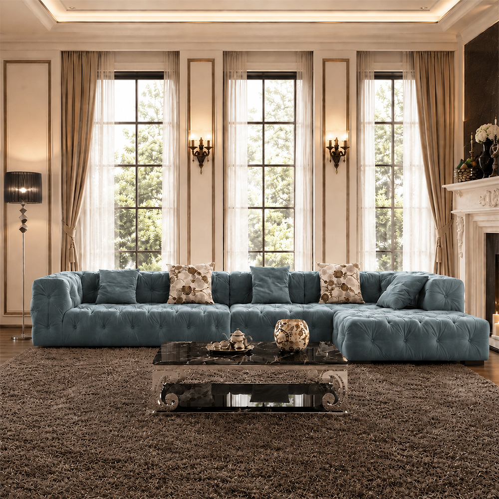 155.9" Two Tone Tufted Velvet Modular L Shape Sectional Sofa With Chaise For Luxury Villa