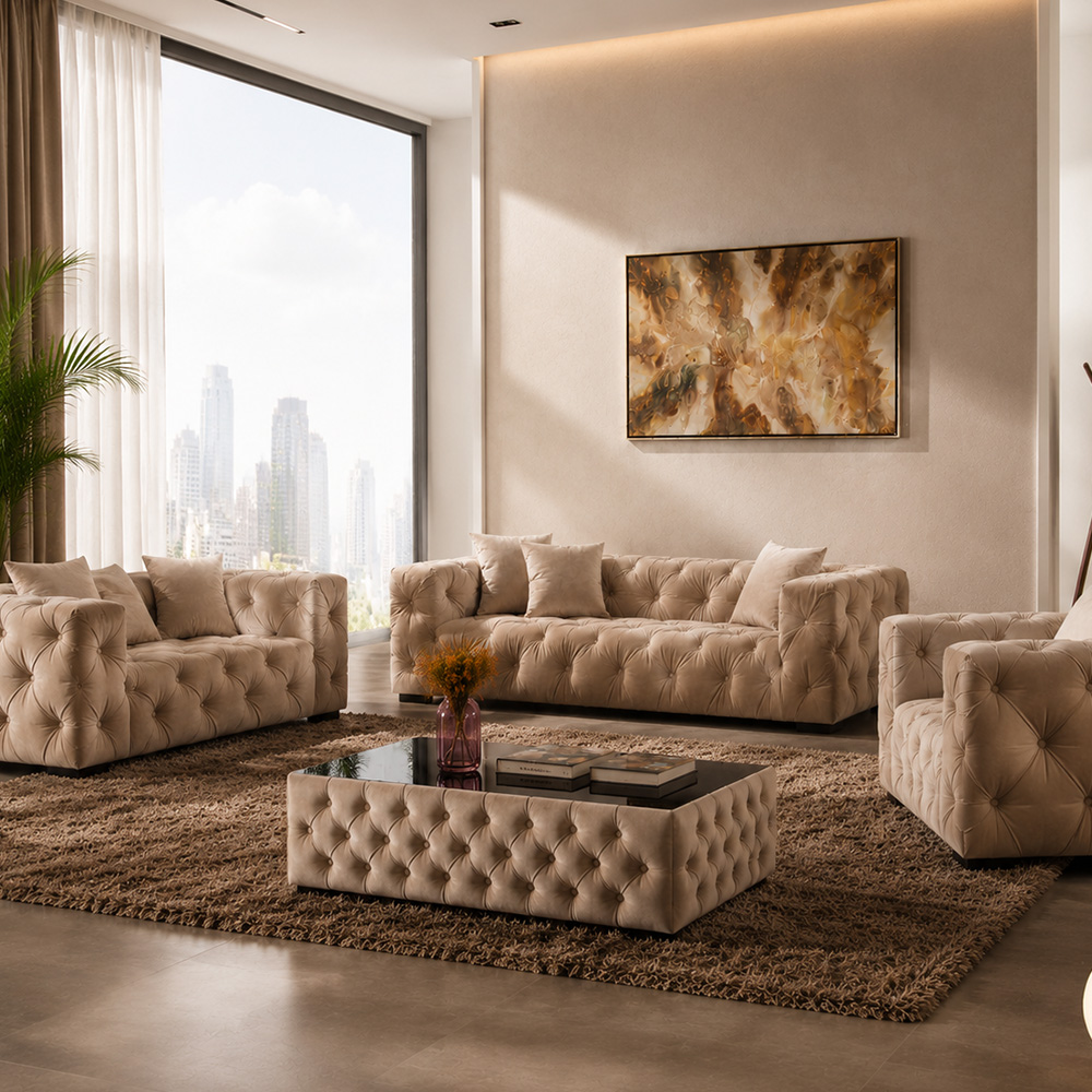 All Tufted Boxy Velvet Sofa Suite Three Seat Couch Two Single Chairs For Living Space