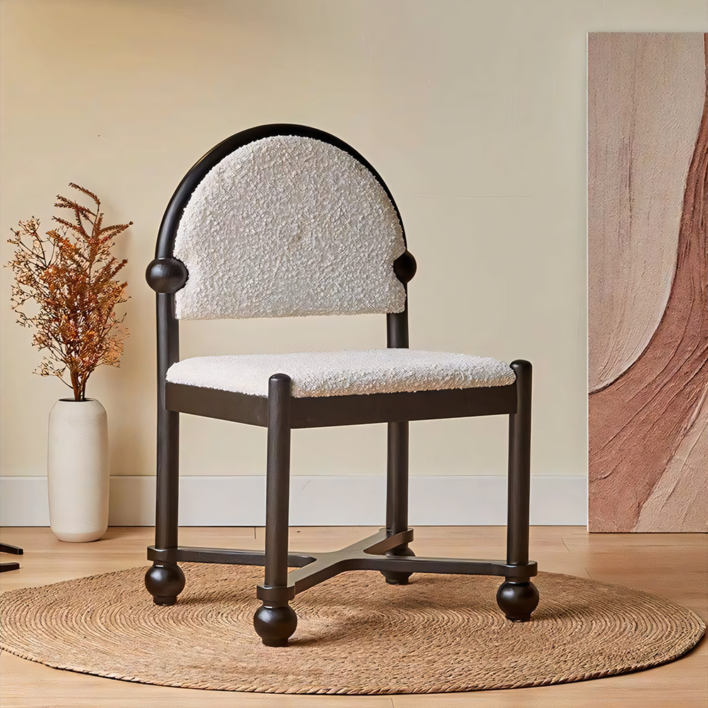 Vintage Ball Foot Cross Support Teddy Boucle Solid Wood Dining Chair 1 Piece