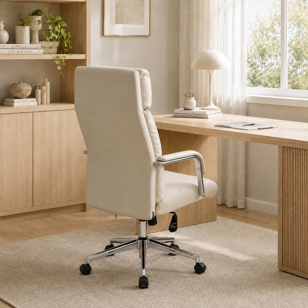Modern Cream PU Leather Swivel Office Chair with Chrome Base