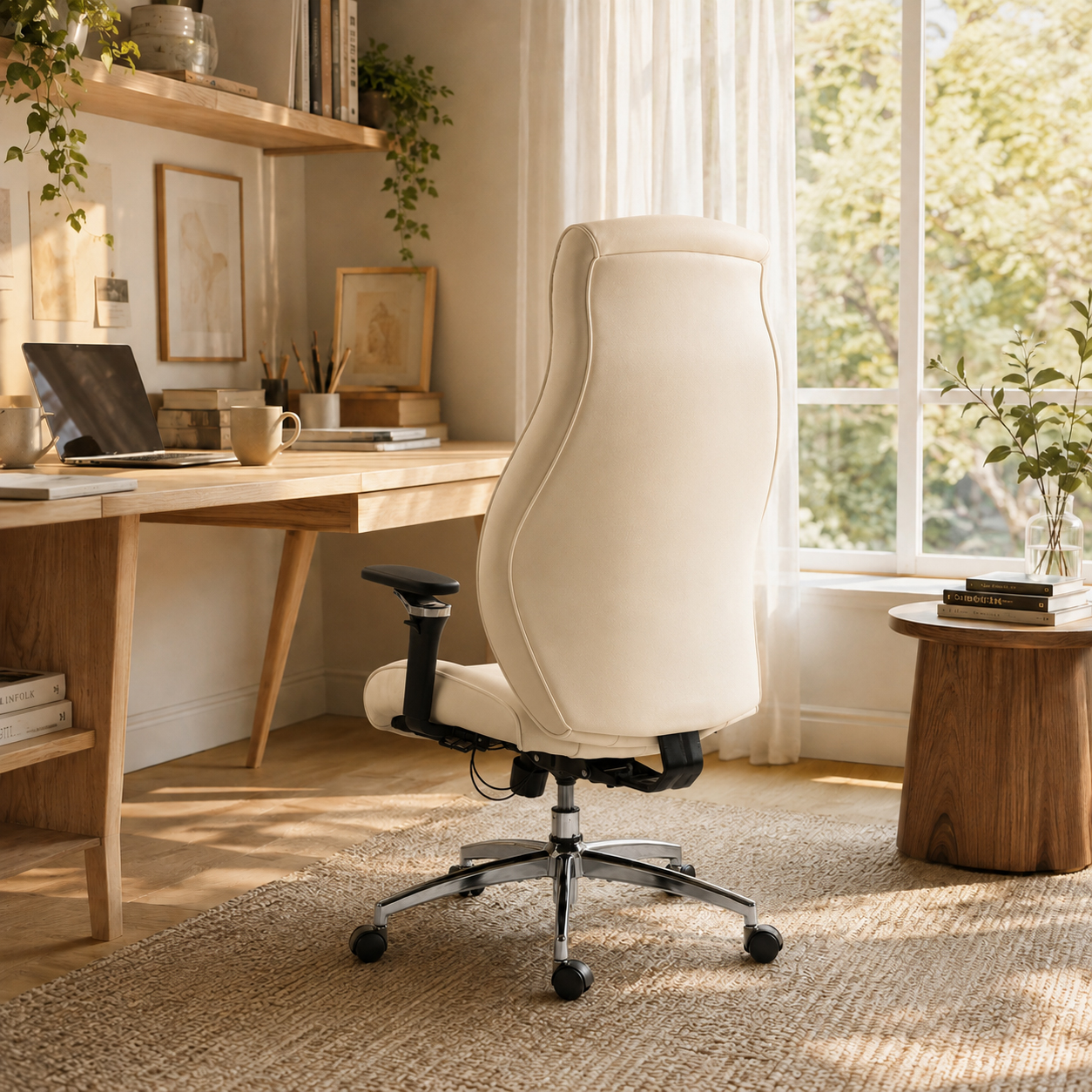 Cream PU Leather Executive Office Chair With 6D Armrests