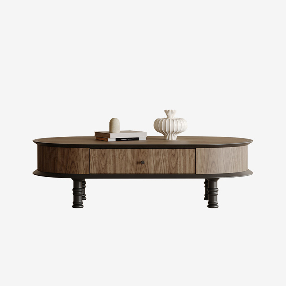 Oval Walnut Veneer Single Drawer Turned Black Leg Coffee Table