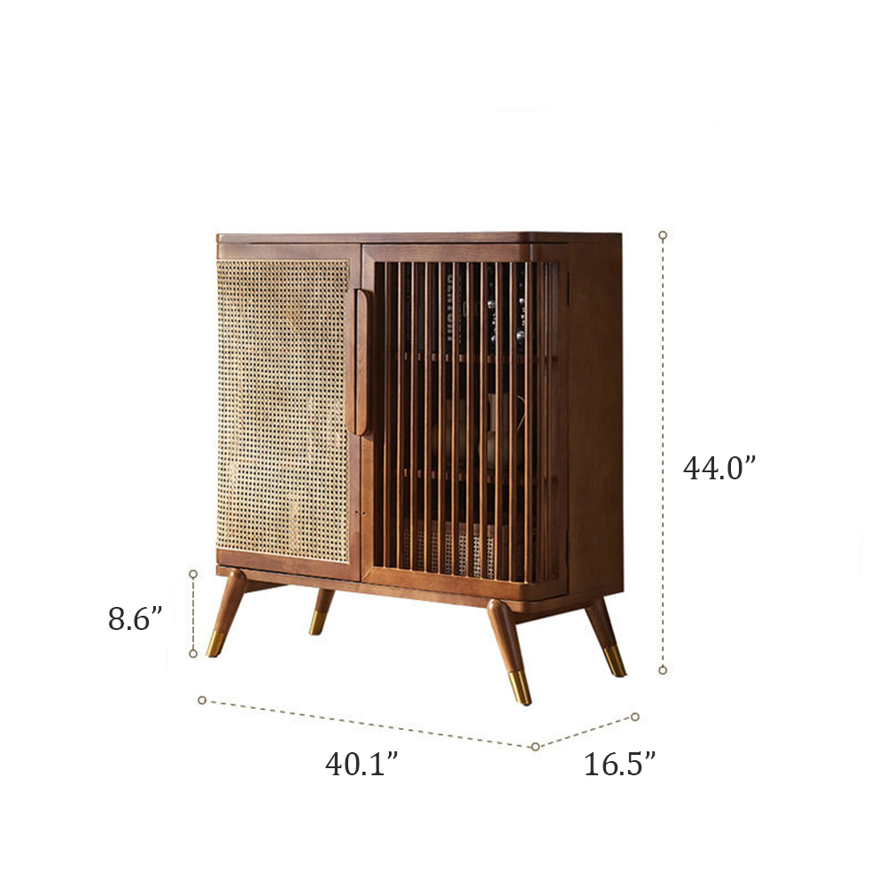 Wood Rattan Slatted Door Adjustable Storage Accent Cabinet