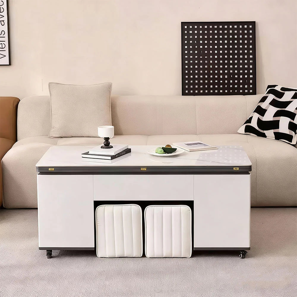 Sintered stone lift-top coffee table in a neutral living room, featuring hidden storage and fold-out seating tucked neatly beneath the table.