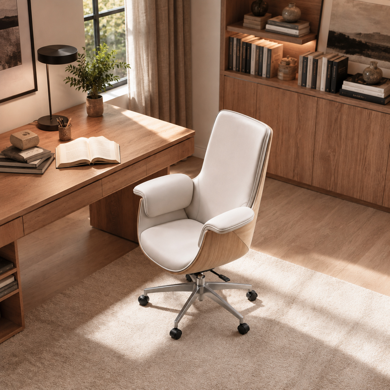 Cream PU Leather Office Chair with Dual-Function Tilt Mechanism
