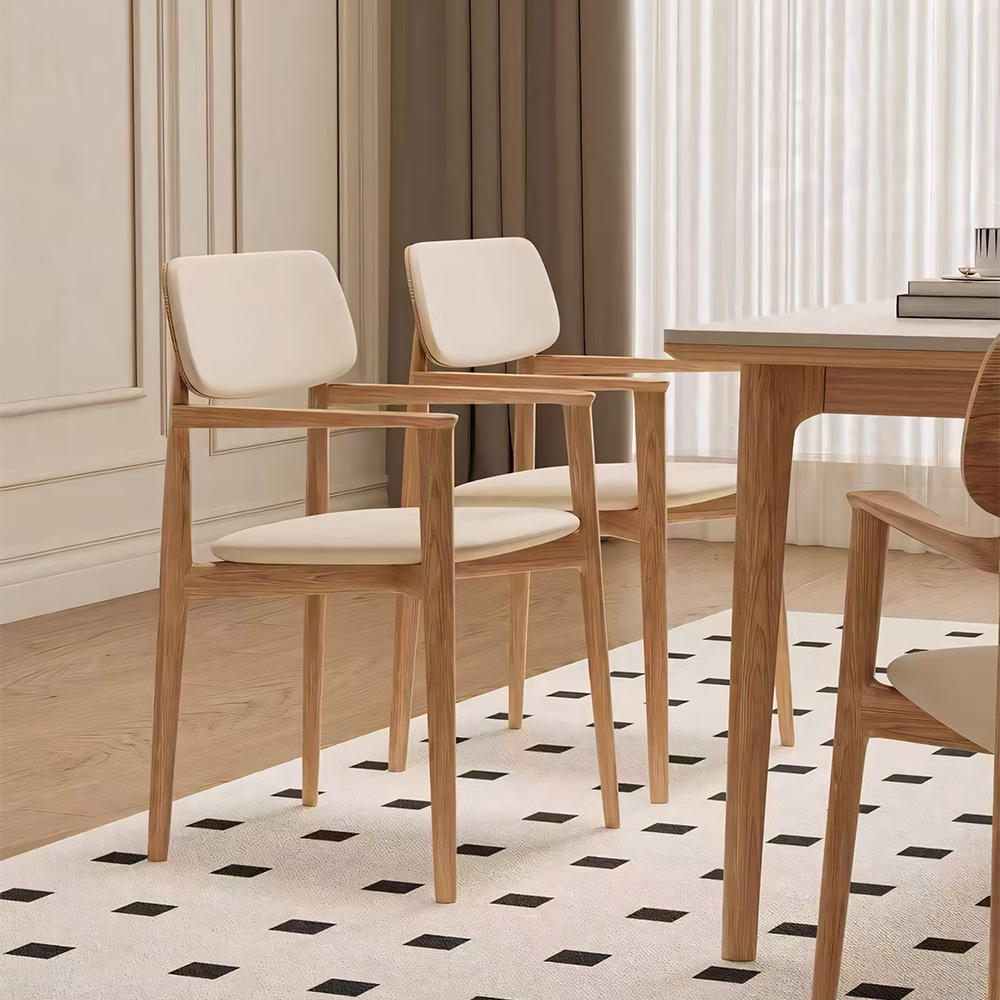Natural Oak Frame Linen Faux Leather Armrest Nordic Dining Chair 1 Piece