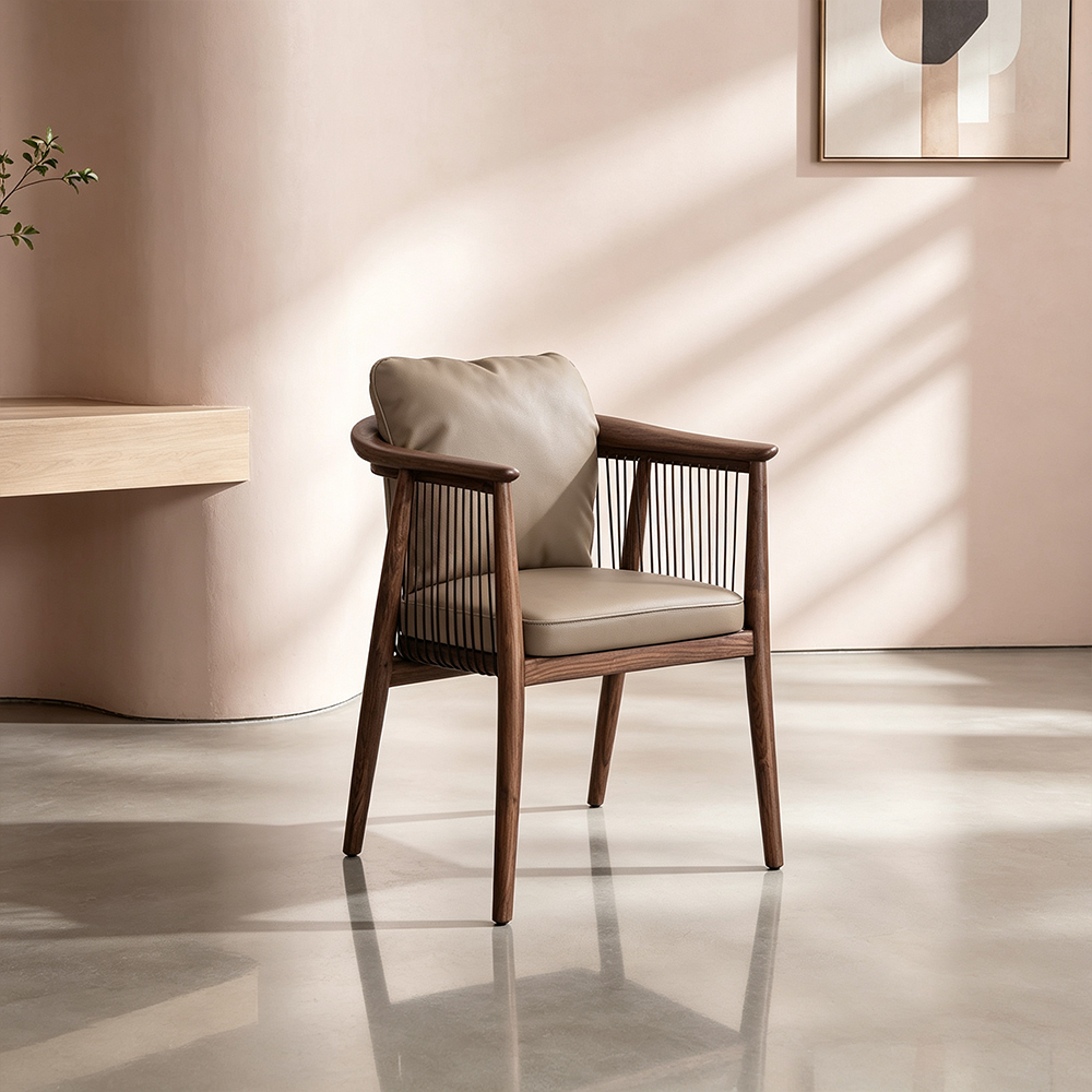 Modern Black Wooden Dining Chair with Armrests Minimalist Striped Upholstered Dining Armchair 1 Piece