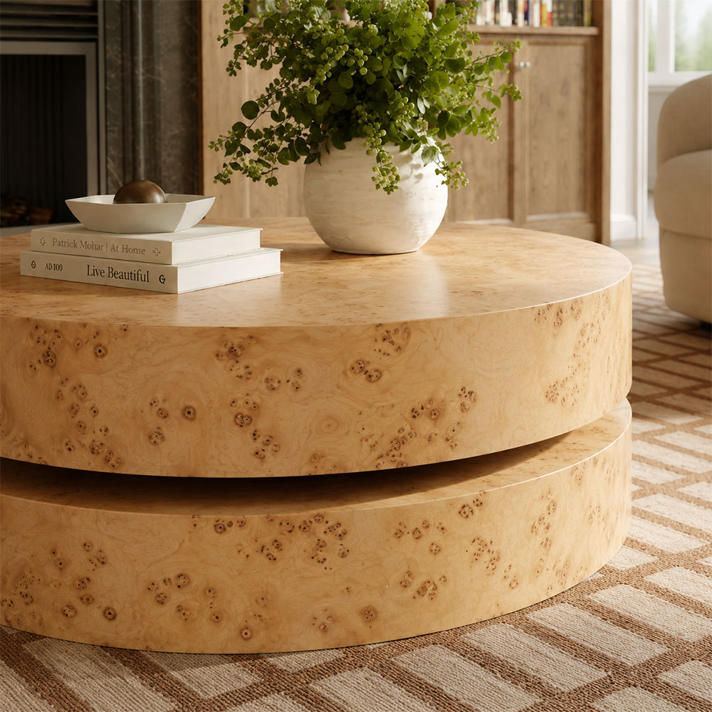 Two Tier Round Natural Burl Wood Veneer Multi Layer Coffee Table