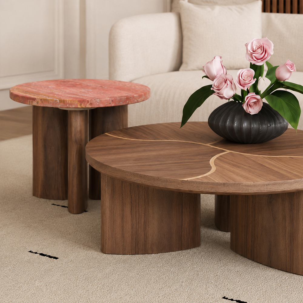 Nesting Round Coffee Table Set Walnut Veneer Red with Travertine Side Table