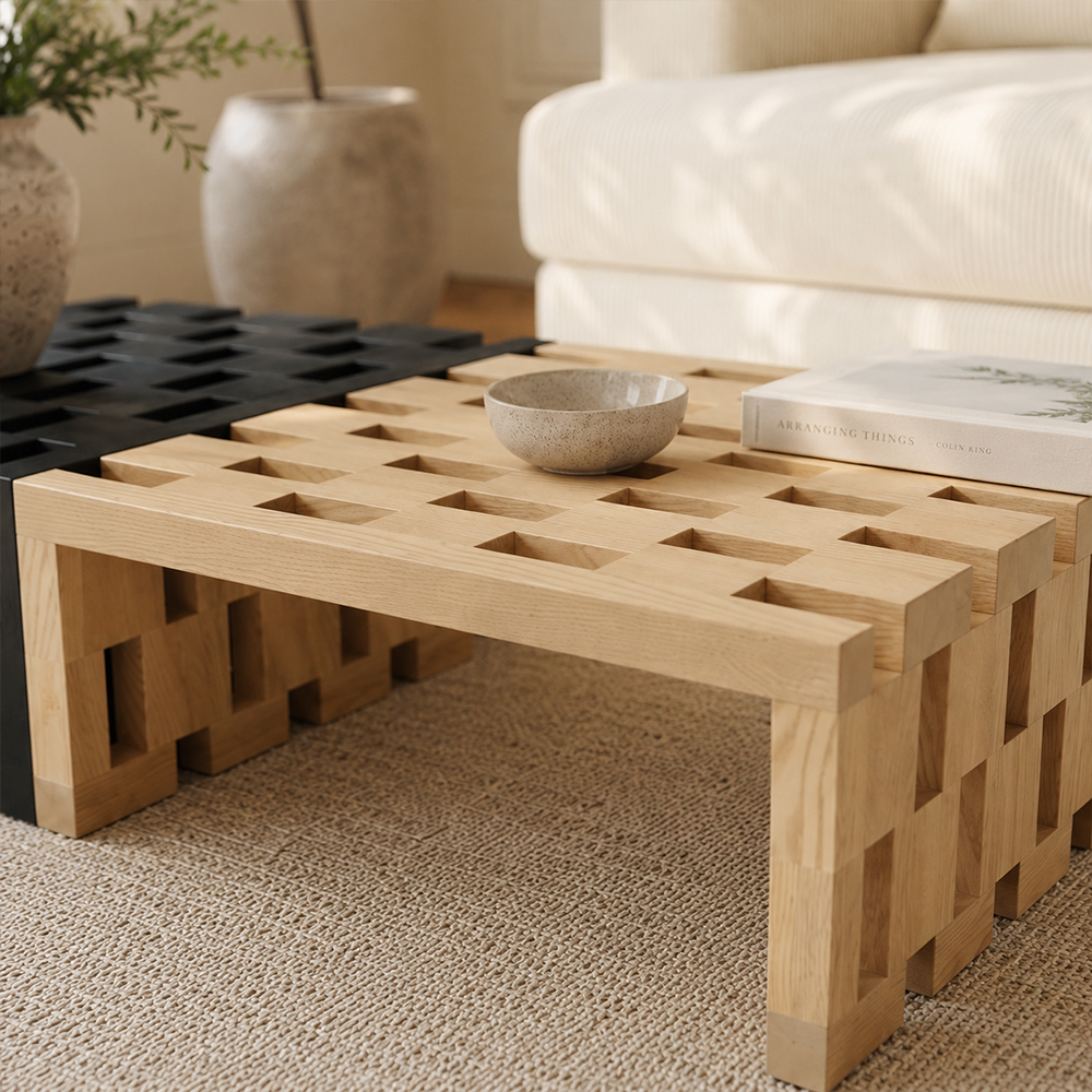 Two Tone Matte Paint Solid Ash Wood Grid Hollow Rectangular Coffee Table
