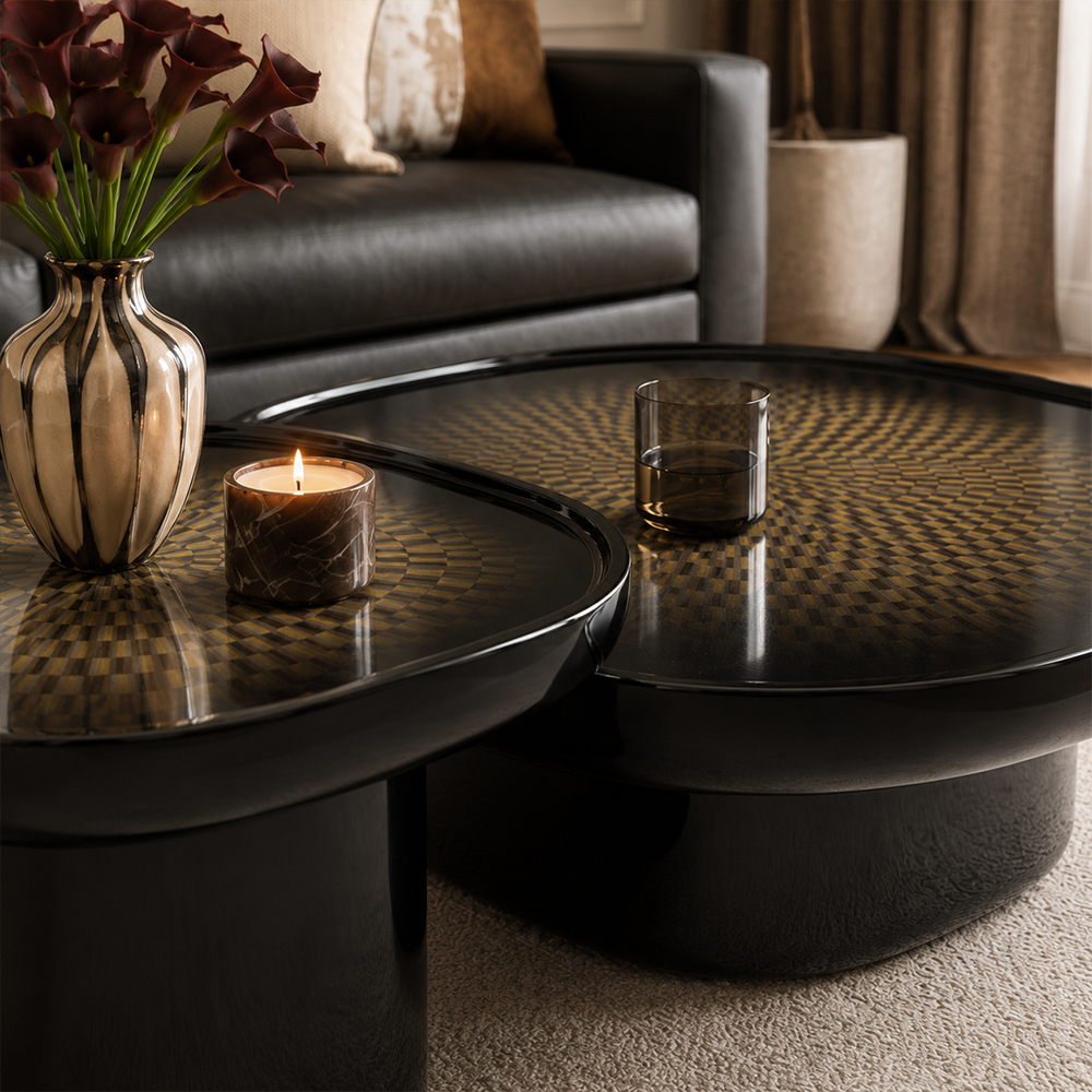 Contemporary Light Luxury Black Gloss Resin Nesting Oval Center Tables Set