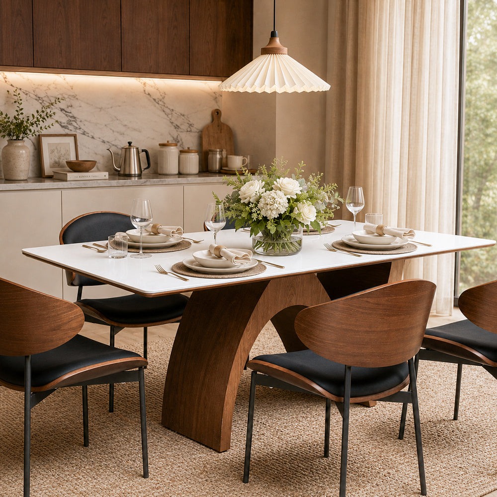 Modern Dining Table with Marble-Like Stone Top and Sculptural Wooden Base